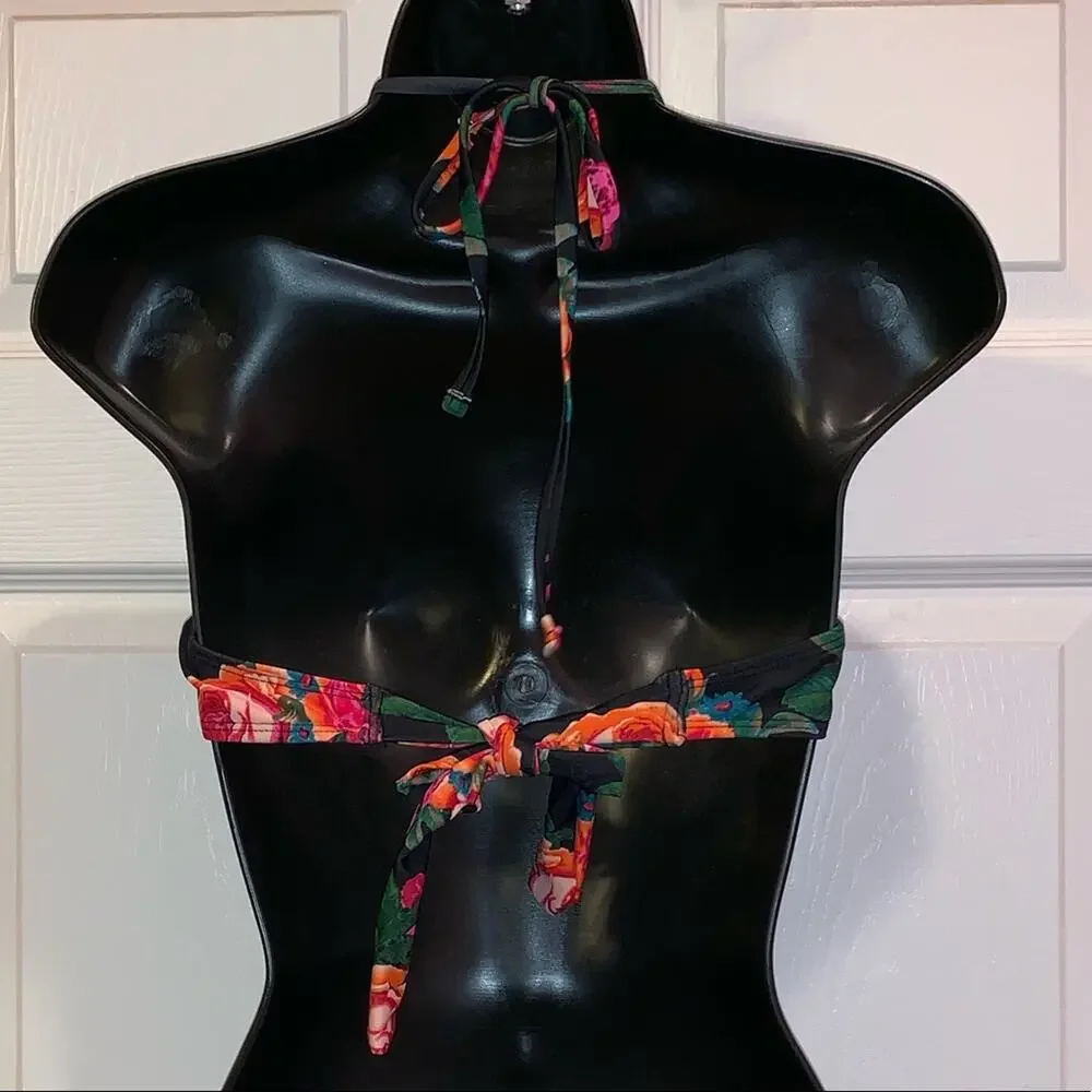 Endless Sun Medium Floral Bikini Top Black Multicolor Underwire Halter Swim